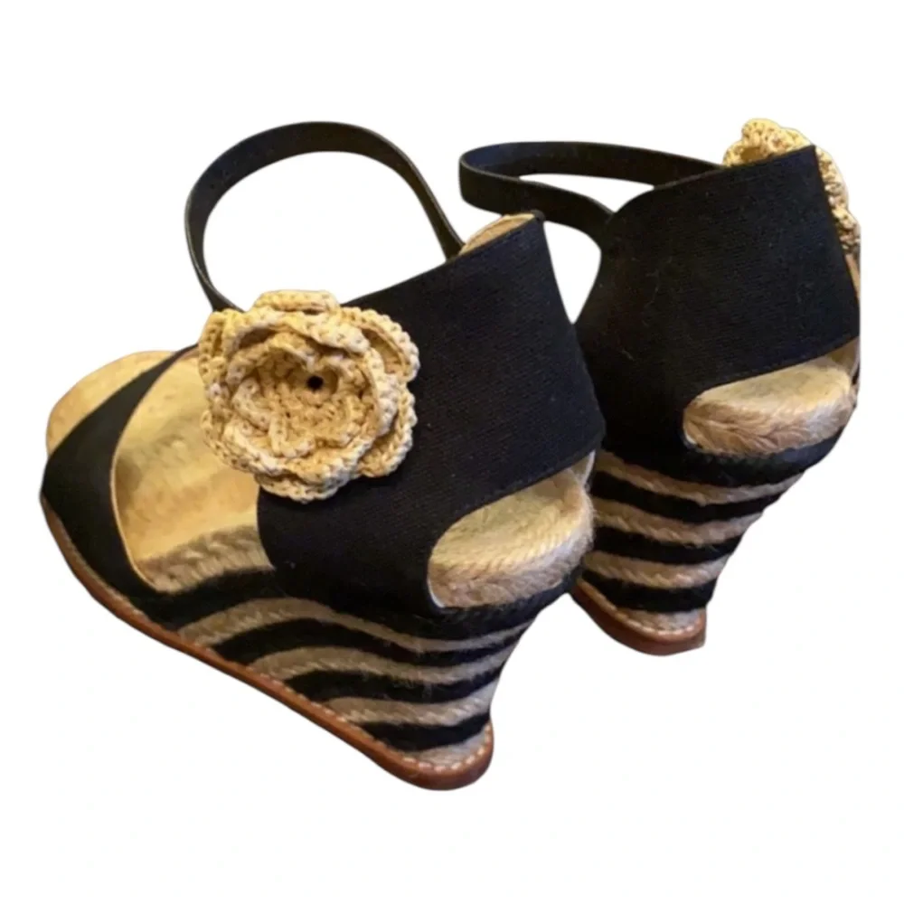 Vintage Kate Spade Grenada Black Canvas Espadrille  Tan Black Wedge Ankle Strap